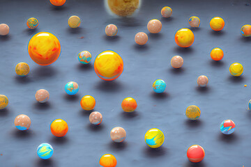 solar system as bilard balls, bilard table, created by AI