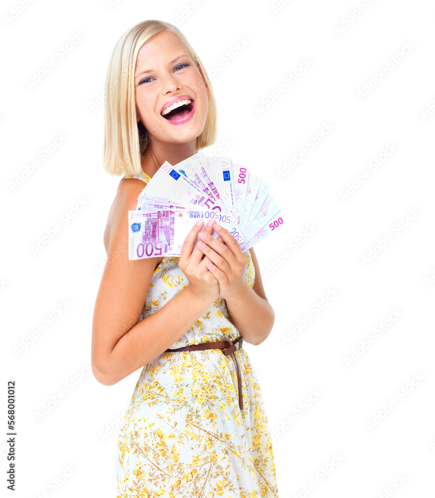 Sticker Smile, euro notes and portrait of a woman with lottery winning money in a studio. White background, isolated and finance success of a model with cash and winner celebration from wealth and deal