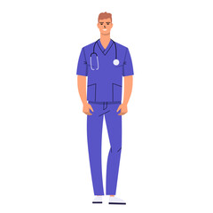 Young doctor, male nurse wearing scrubs. Medical worker with stethoscope isolated on white background. Flat style. Vector illustration.