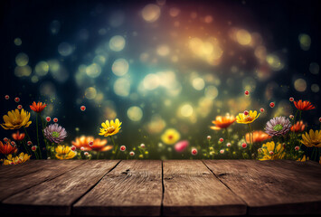 Naklejka na ściany i meble Empty old wooden table with a beautiful field of flowers with flying petals bokeh background