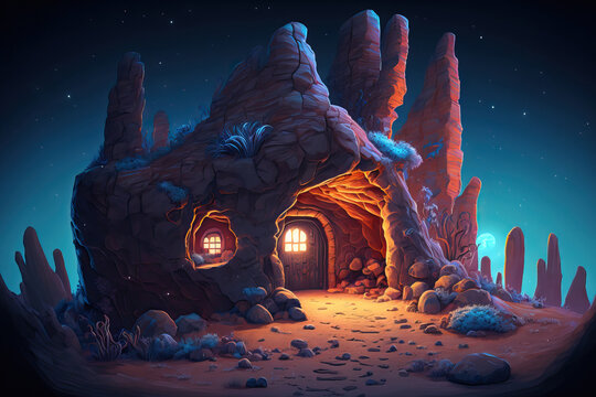 Science fiction building and Mystery Cave. Digital CG artwork for video games, concept illustrations, and realistic cartoon style backgrounds. Generative AI