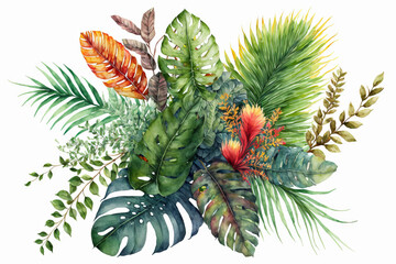 Fototapeta premium Tropical leaves and branches in a watercolor bouquet isolated on a white backdrop. Illustration used in the creation of postcards, greeting cards, and wedding invitations. Generative AI