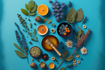 Ingredients for naturopathy, holistic, and herbal medicine on a blue background. Flowers and herbs for herbal tea. flat lay, top view, and copy space. Generative AI - obrazy, fototapety, plakaty