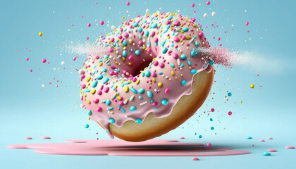 Flying sprinkled pink donut. Sweet doughnut on pastel blue background
