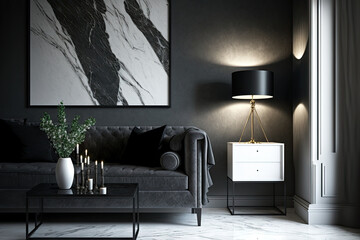 Interior of a contemporary living room in dark tones with a single white framed poster on a marble wall. Floor lamp, coffee table, grey chest of drawers, and black sofa with pillows. Generative AI
