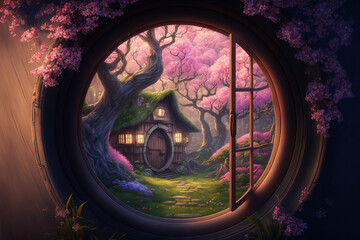 Enchanted forest from a fairy tale with a window that magically shines in the hollow of an elf house made of a fancy pine tree, a big pink sakura cherry garden in full bloom, and a wooden structure ba