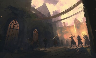 Fototapeta premium Fight, medieval city, in a painted watercolor style, Cesin city #45