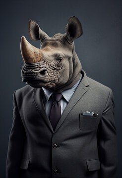 Portrait of a rhinoceros in a business suit. AI generated.