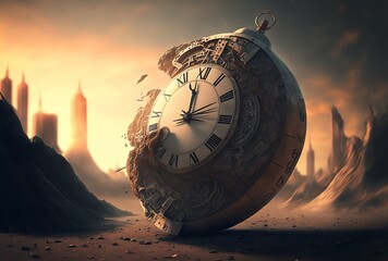 old clock in a desert. Passing of time concept and end time. Generative AI - obrazy, fototapety, plakaty