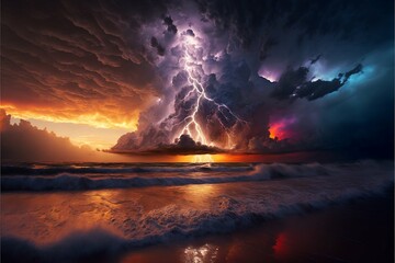 Fototapeta premium Landscape of a tropical electrical storm with lightning over the sea. Generative AI