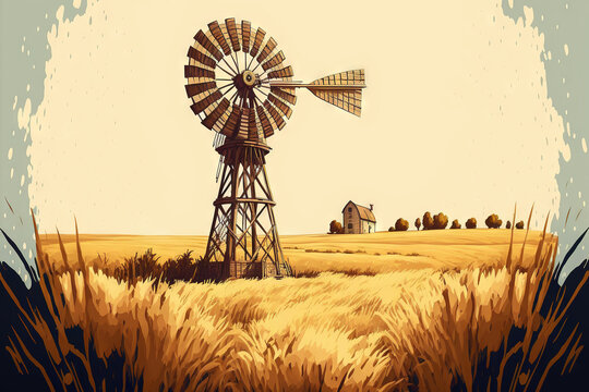 a windmill in a rural setting. a vintage drawing of a wheat field. Generative AI