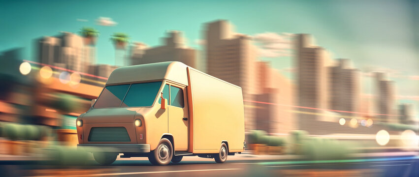 fast speed van delivery truck driving fast in the city to deliver order as wide mockup banner with copyspace area