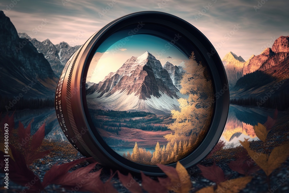 Wall mural lens filter on background of beautiful mountain landscape, concept of optical effects, nature photog