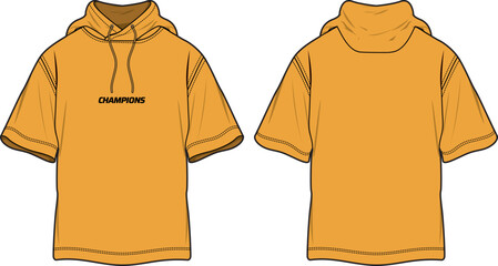 Hoodie t-shirt design flat sketch Illustration, short sleeve Hooded sweatshirt with front and back view, winter jacket for Men and women. Casual hoodie t shirt for winter