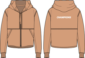 Long sleeve Hoodie jacket design flat sketch Illustration, Hooded sweater jacket with front and back view, winter jacket for Men and women. for hiker, outerwear and workout in winter © JERZEY DESINZ