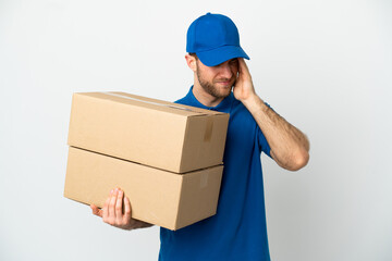 Delivery man over isolated white background with headache
