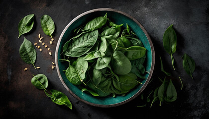 Obraz premium Fresh spinach leaves in bowl on table top view