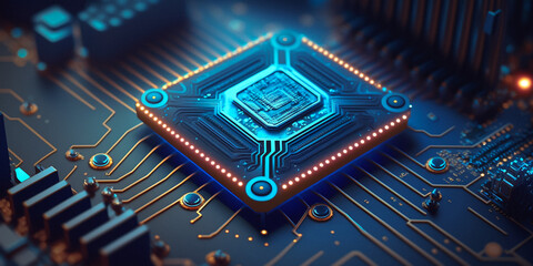 Futuristic electronic microchip circuit board close up concept illustration. Generative AI illustration.