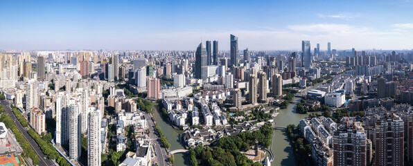 Aerial photo of urban architectural landscape skyline along Wuxi Canal