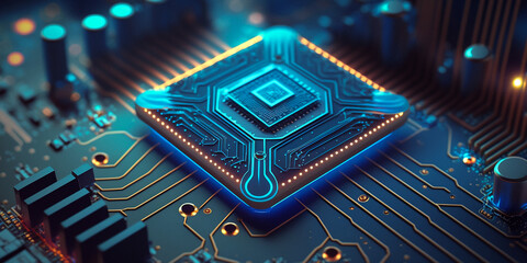 Fototapeta premium Futuristic electronic microchip circuit board close up concept illustration. Generative AI illustration.