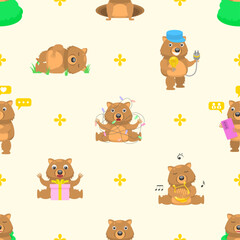 Seamless Pattern Abstract Elements Animal Wombats Wildlife Vector Design Style Background Illustration Texture For Prints Textiles, Clothing, Gift Wrap, Wallpaper, Pastel