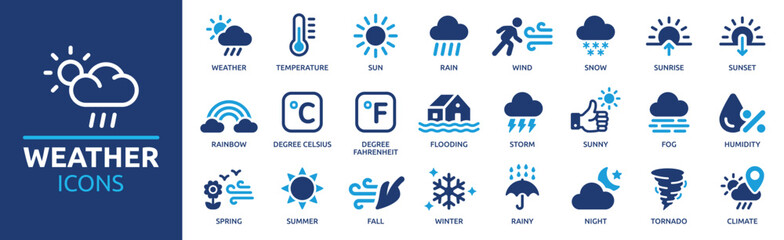 Weather icon set. Containing temperature, sun, rain, snow, cloud, humidity, summer, winter, spring, cloudy and rainy season. Climate symbol. Solid icon collection. - obrazy, fototapety, plakaty