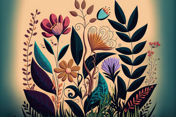 cartoon styled decorative line artwork with flowers and foliage. Generative AI