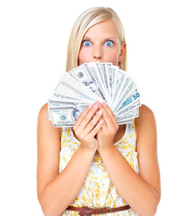 Wow, woman with money and dollars in portrait of investment profit or finance loan credit isolated on white background. Cash, budget and success shock in financial freedom or bonus payment in studio.