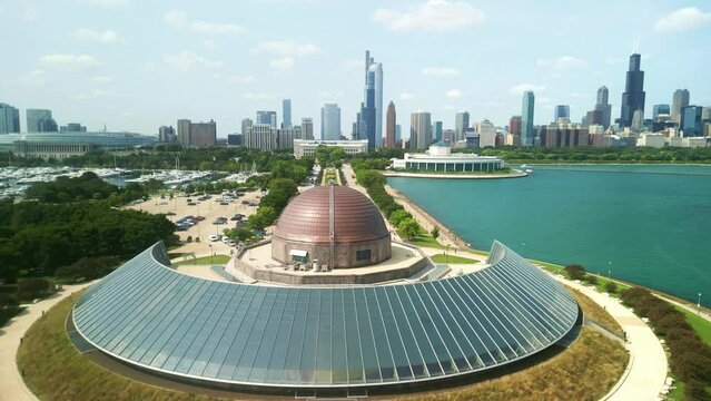 Adler Planetarium, Aerial drone view downtown Chicago city. travel destination in America. Historic tourist landmark in USA.  