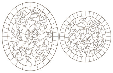 Set contour illustrations of stained glass, the branch of a plum tree with ripe fruits, dark contour on white background