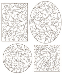 Set contour illustrations of stained glass, the branch of a plum tree with ripe fruits, dark contour on white background