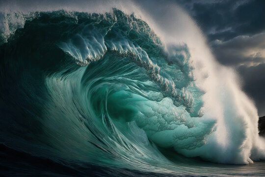 On the north shore of Oahu, Hawaii, a perfect large breaking ocean barrel wave was captured. Generative AI