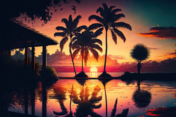 Obraz na płótnie Canvas Beautiful sunset at a tropical beach resort. Generative AI