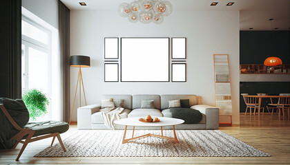 Frame mockup in modern home interior background, 3d render. Mockup wall. Generative AI