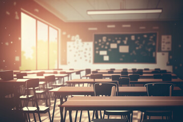 School classroom in blur background without young student; Blurry view of elementary class room no kid or teacher with chairs and tables in campus in vintage tone. Generative AI