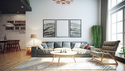 Frame mockup in modern home interior background, 3d render. Mockup wall. Generative AI