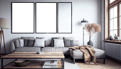 Frame mockup in modern home interior background, 3d render. Mockup wall. Generative AI