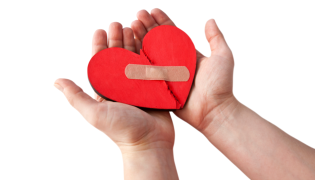 The broken red wooden heart in woman's hands on the transparent background - Powered by Adobe