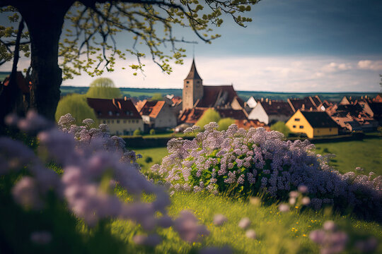 A picture of the charming and old village of Avenches with a foreground of wildflowers. Generative AI
