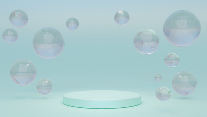 White round podium with air bubbles on mint water surface. Mock up empty geometric stage, platform with soap spheres or water drops for product ad presentation cosmetics. Realistic 3d illustration