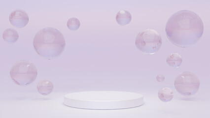 White round podium with air bubbles on blue water surface. Mock up empty geometric stage, platform with soap spheres or water drops for product ad presentation cosmetics. Realistic 3d illustration