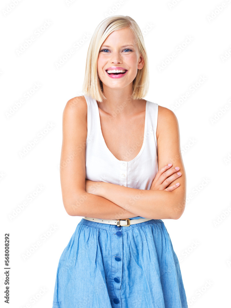 Wall mural Portrait, happy and laugh by woman in studio, normal and relax on mockup, space, and white background. Face, laughter and girl model laughing, casual, young and confident, real and joy while isolated