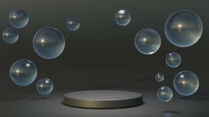 White round podium with air bubbles on grey water surface. Mock up empty geometric stage, platform with soap spheres or water drops for product ad presentation cosmetics. Realistic 3d illustration