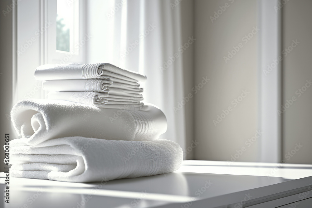 Poster white towels on a white table with text space against a background of a bright room. for montage of 