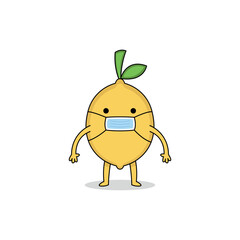 Cute lemon fruit cartoon character mascot wearing a medical mask