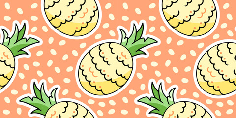 Cute cartoon pineapple, vector seamless pattern in the style of doodles, hand drawn