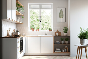 Fototapeta na wymiar Modern white kitchen with wooden accents and a parquet floor, minimalist interior architecture, wooden table top or shelf with minimalistic vases,. Generative AI