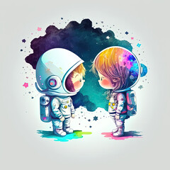 Cute Astronauts in Love, Valentine's Day, Colorful on light background, Generative AI
