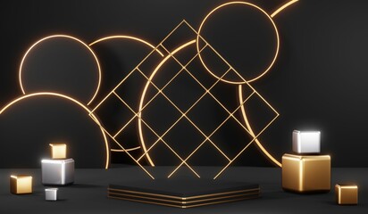 3d render of abstract realistic studio room with Luxury round pedestal stand podium with golden glitter in shape backdrop. Luxury black friday sale scene for product display presentation background