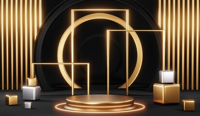 3d render of abstract realistic studio room with Luxury round pedestal stand podium with golden glitter in shape backdrop. Luxury black friday sale scene for product display presentation background